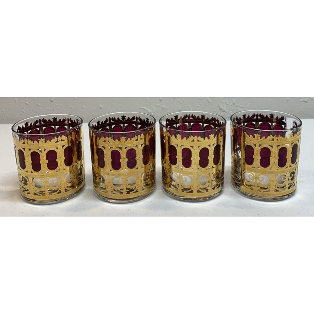 Mid Century Modern CULVER 22KT Gold Cranberry Scroll Low Ball Rocks Glasses 4